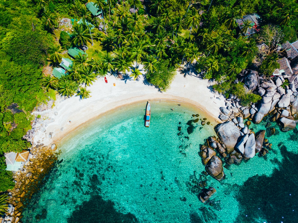 Aerial view of tropical island with turquoise water and palm trees
