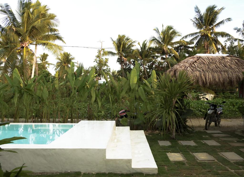 Single Fin Siargao pool area with palm trees and thatched roof cabana